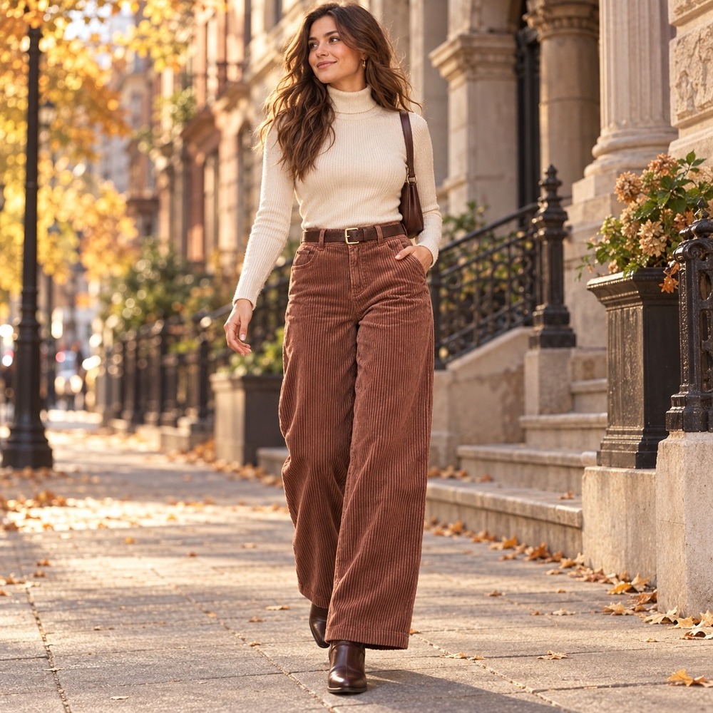 Forever 21 Brown Wide Leg High Rise Corduroy Pants M 70s Retro Boho